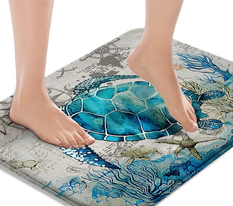 Britimes Bath Mat for Bathroom, Blue Turtle Washable Cover Floor Rug Carpets Floor Mat Bathroom Decorations 16x24 Inches for Kitchen Bedroom Indoor - Image 1